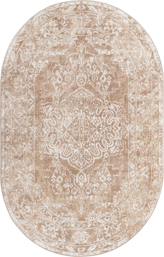 Beige 5' x 8' Oxford Oval Area Rug Traditional Design 100% Polypropylene Carpet for Living Room, Bedrooms, Dining, Office for Sale at Rug Engine