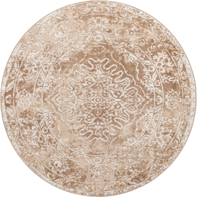 Beige 5' 3 x 5' 3 Oxford Round Area Rug Traditional Design 100% Polypropylene Carpet for Living Room, Bedrooms, Dining, Office for Sale at Rug Engine