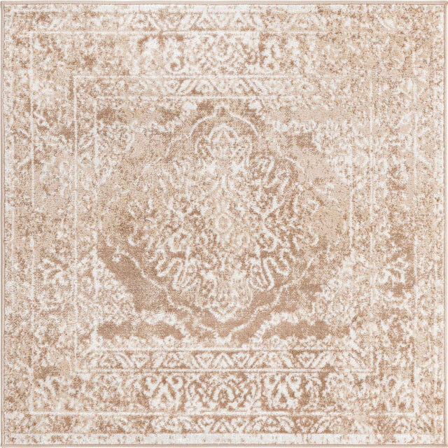 Beige 4' 1 x 4' 1 Oxford Square Area Rug Traditional Design 100% Polypropylene Carpet for Living Room, Bedrooms, Dining, Office for Sale at Rug Engine