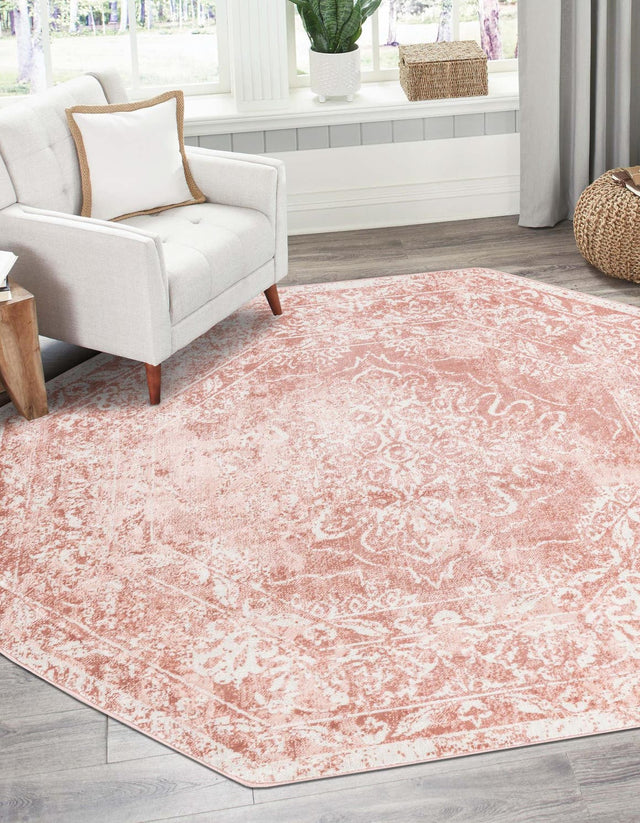 Pink 7' x 7' Oxford Octagon Area Rug Traditional Design 100% Polypropylene Carpet for Living Room, Bedrooms, Dining, Office for Sale at Rug Engine