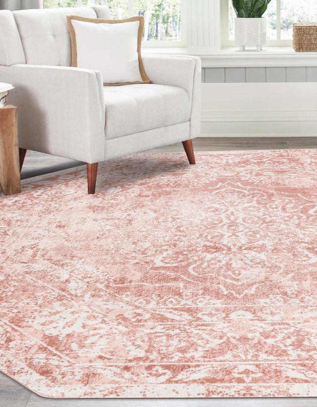 Pink 7' x 7' Oxford Octagon Area Rug Traditional Design 100% Polypropylene Carpet for Living Room, Bedrooms, Dining, Office for Sale at Rug Engine