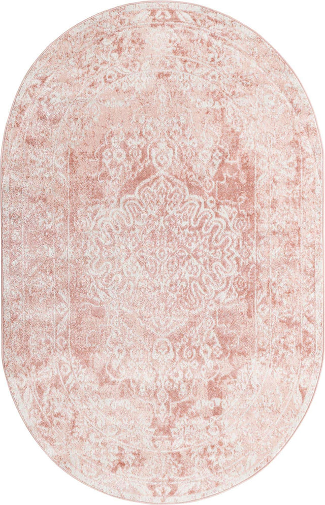 Pink 5' 3 x 8' Oxford Oval Area Rug Traditional Design 100% Polypropylene Carpet for Living Room, Bedrooms, Dining, Office for Sale at Rug Engine