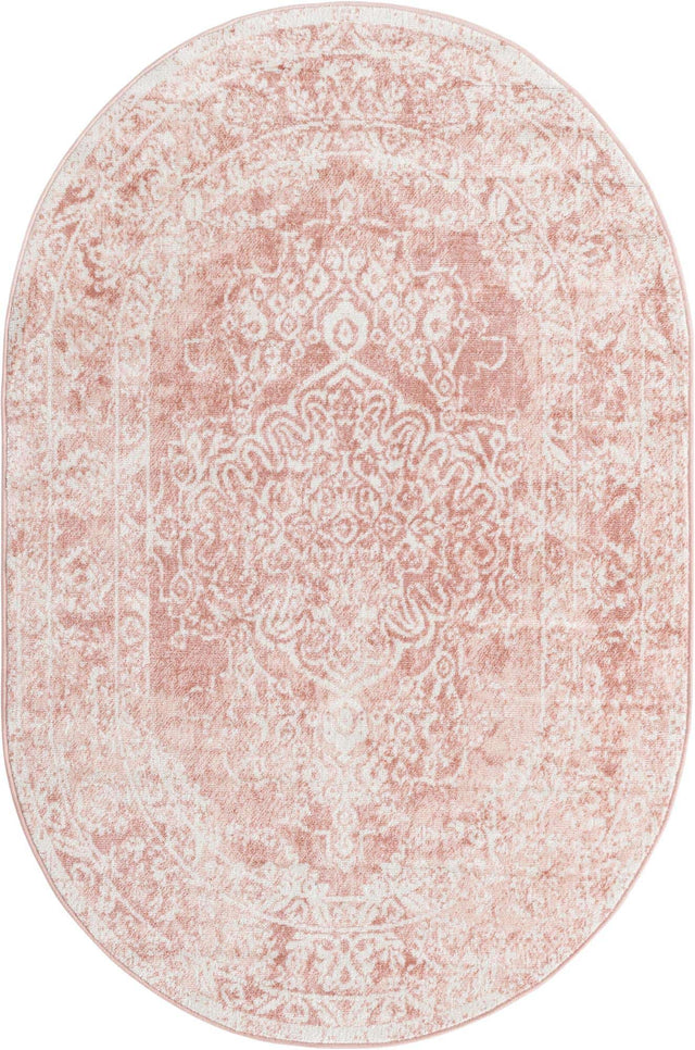 Pink 4' 1 x 6' 1 Oxford Oval Area Rug Traditional Design 100% Polypropylene Carpet for Living Room, Bedrooms, Dining, Office for Sale at Rug Engine