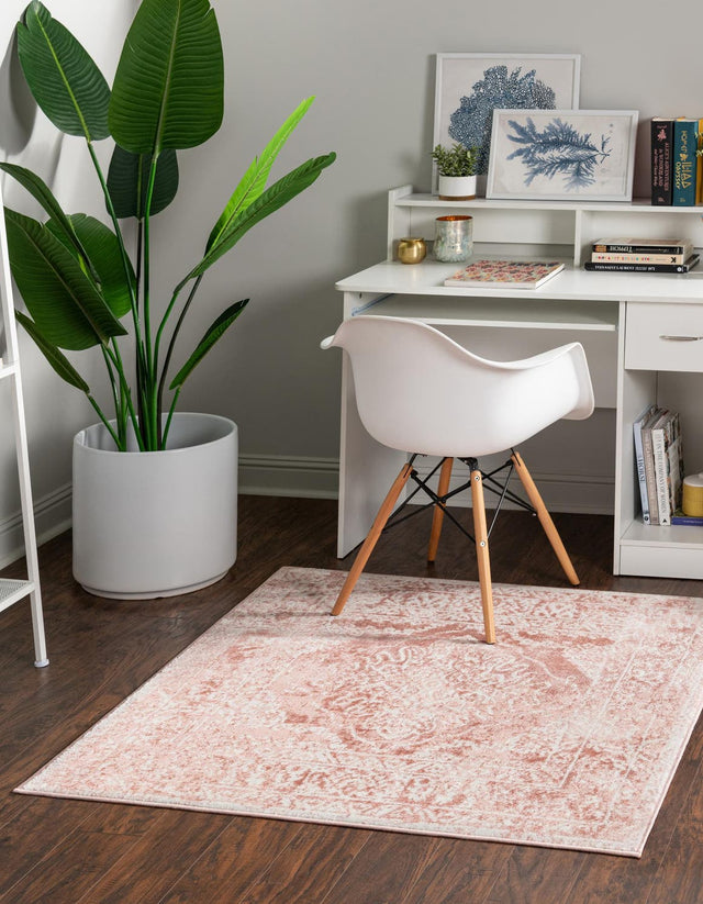 Pink 7' 10 x 7' 10 Oxford Square Area Rug Traditional Design 100% Polypropylene Carpet for Living Room, Bedrooms, Dining, Office for Sale at Rug Engine