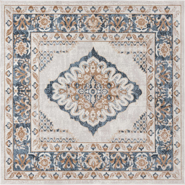 Cream 7' 10 x 7' 10 Oxford Square Area Rug Traditional Design 100% Polypropylene Carpet for Living Room, Bedrooms, Dining, Office for Sale at Rug Engine