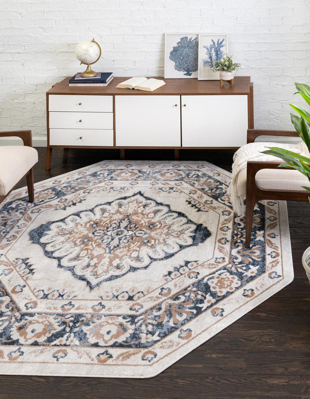 Cream 7' x 7' Oxford Octagon Area Rug Traditional Design 100% Polypropylene Carpet for Living Room, Bedrooms, Dining, Office for Sale at Rug Engine
