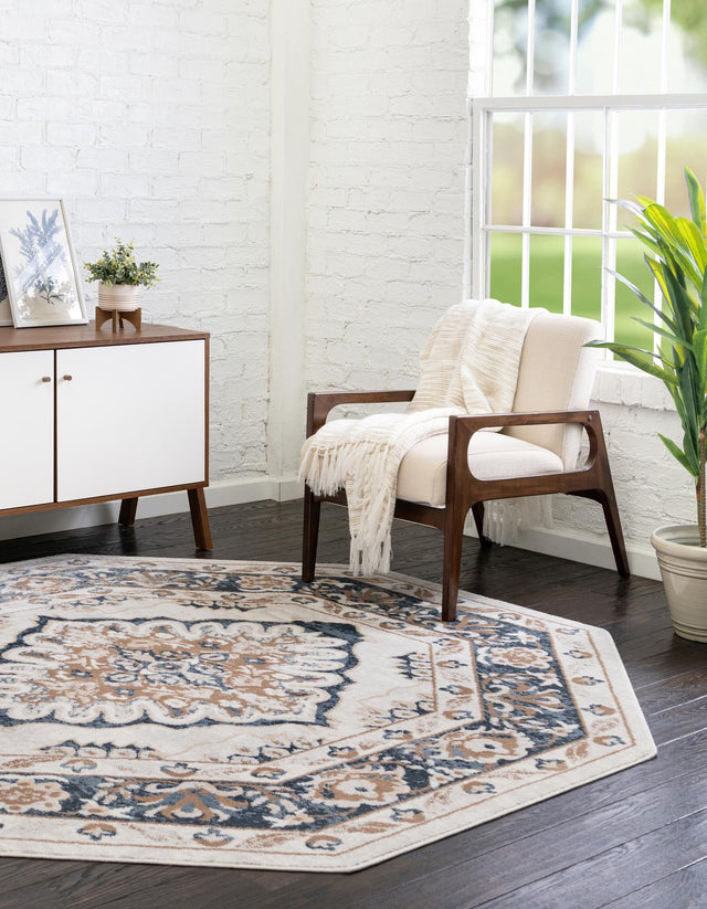 Cream 7' x 7' Oxford Octagon Area Rug Traditional Design 100% Polypropylene Carpet for Living Room, Bedrooms, Dining, Office for Sale at Rug Engine