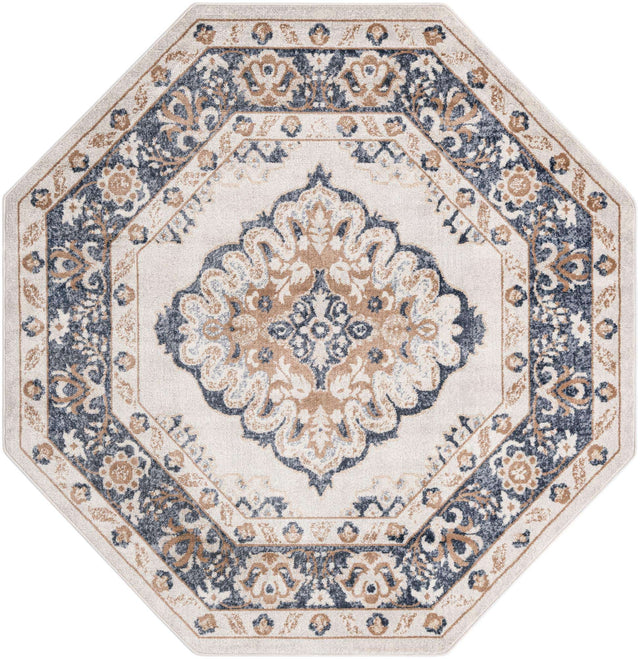 Cream 7' x 7' Oxford Octagon Area Rug Traditional Design 100% Polypropylene Carpet for Living Room, Bedrooms, Dining, Office for Sale at Rug Engine