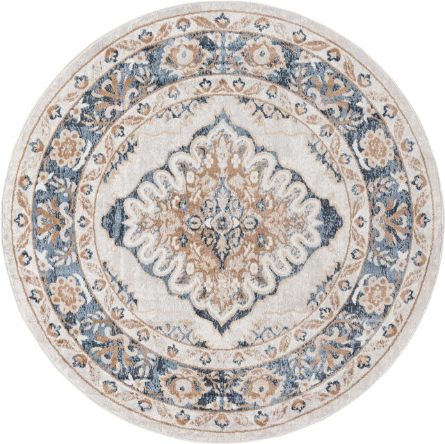 Cream 7' x 7' Oxford Round Area Rug Traditional Design 100% Polypropylene Carpet for Living Room, Bedrooms, Dining, Office for Sale at Rug Engine