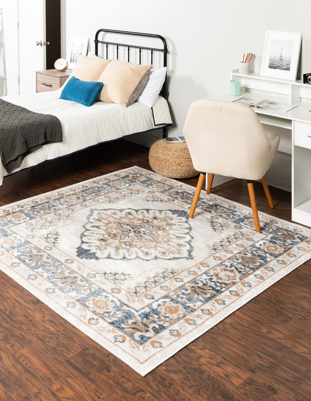 Cream 7' 10 x 7' 10 Oxford Square Area Rug Traditional Design 100% Polypropylene Carpet for Living Room, Bedrooms, Dining, Office for Sale at Rug Engine