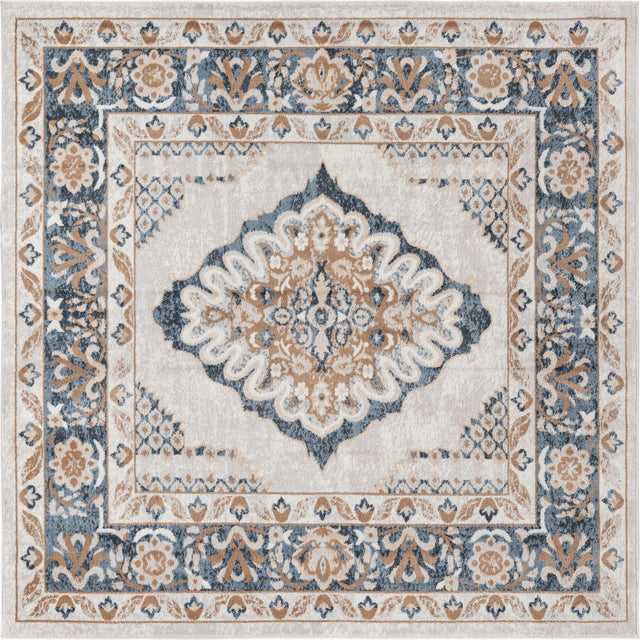 Cream 6' x 6' Oxford Square Area Rug Traditional Design 100% Polypropylene Carpet for Living Room, Bedrooms, Dining, Office for Sale at Rug Engine