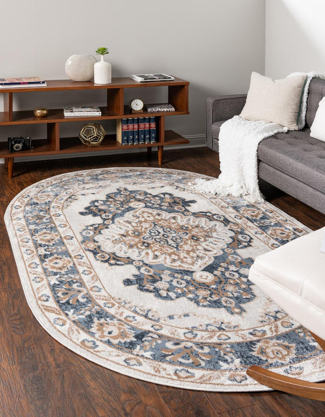 Cream 8' x 10' Oxford Oval Area Rug Traditional Design 100% Polypropylene Carpet for Living Room, Bedrooms, Dining, Office for Sale at Rug Engine