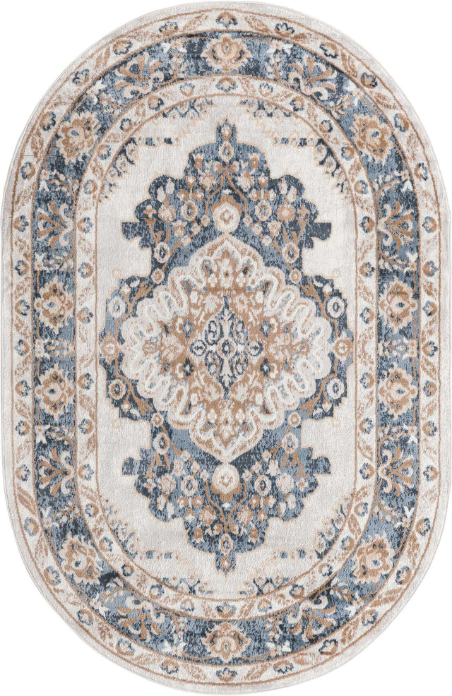 Cream 5' x 8' Oxford Oval Area Rug Traditional Design 100% Polypropylene Carpet for Living Room, Bedrooms, Dining, Office for Sale at Rug Engine