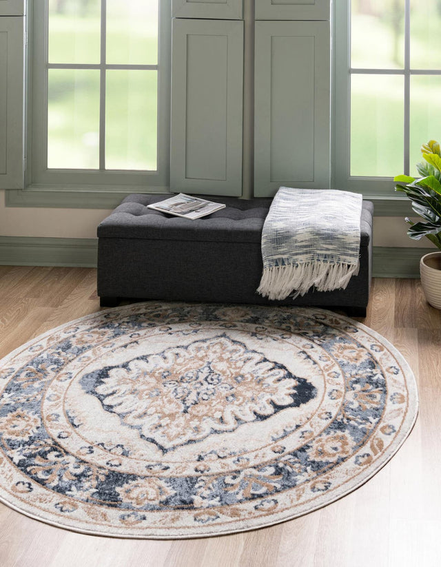 Cream 3' x 3' Oxford Round Area Rug Traditional Design 100% Polypropylene Carpet for Living Room, Bedrooms, Dining, Office for Sale at Rug Engine