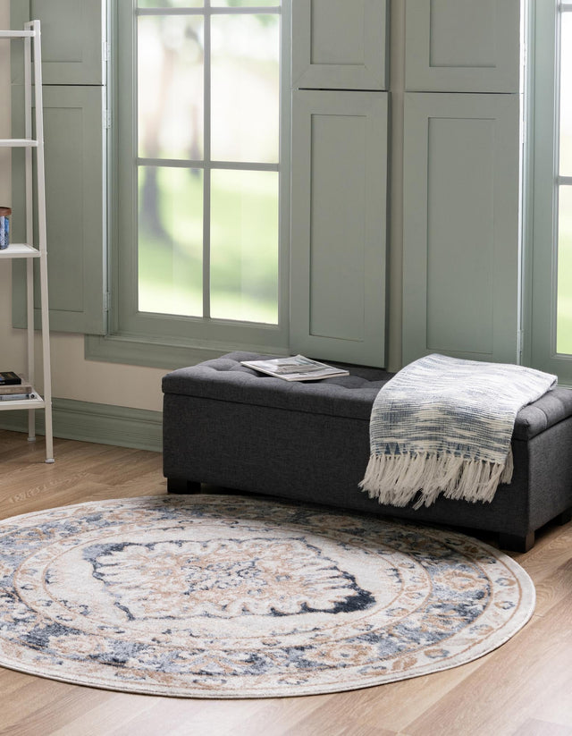 Cream 5' x 5' Oxford Round Area Rug Traditional Design 100% Polypropylene Carpet for Living Room, Bedrooms, Dining, Office for Sale at Rug Engine