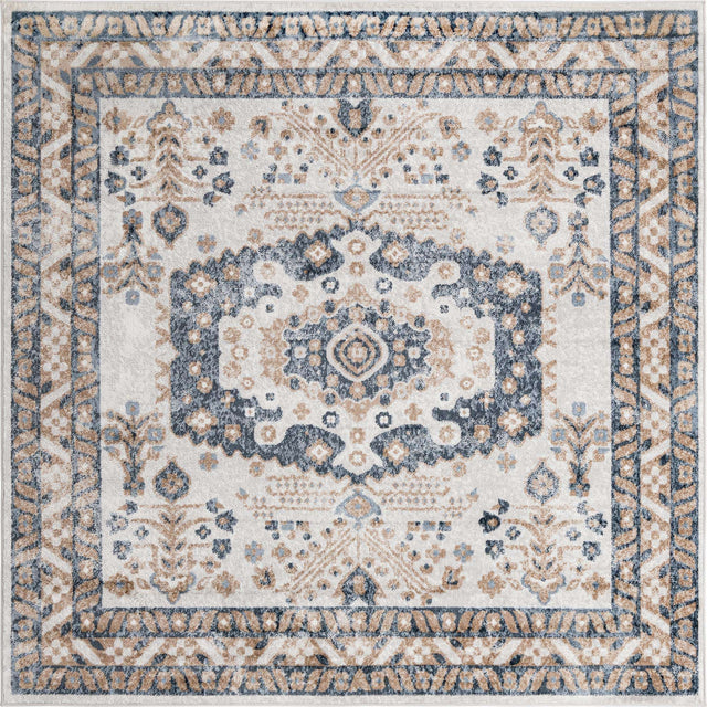 Cream 7' 10 x 7' 10 Oxford Square Area Rug Traditional Design 100% Polypropylene Carpet for Living Room, Bedrooms, Dining, Office for Sale at Rug Engine