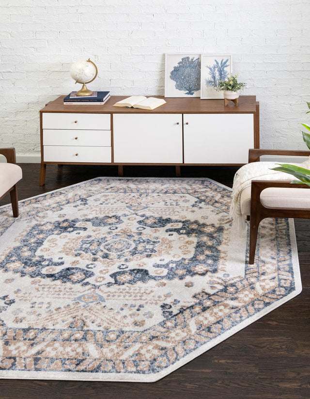 Cream 7' x 7' Oxford Octagon Area Rug Traditional Design 100% Polypropylene Carpet for Living Room, Bedrooms, Dining, Office for Sale at Rug Engine