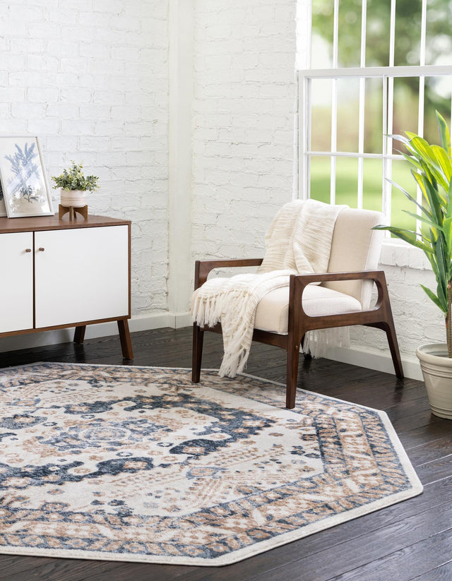 Cream 7' x 7' Oxford Octagon Area Rug Traditional Design 100% Polypropylene Carpet for Living Room, Bedrooms, Dining, Office for Sale at Rug Engine