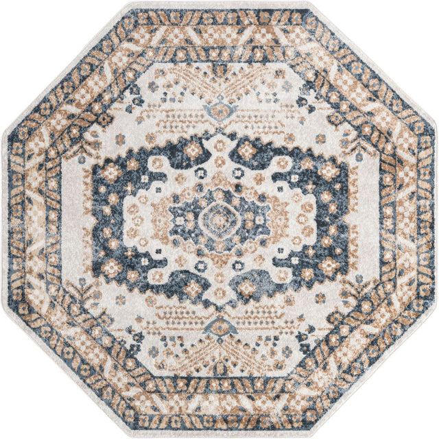 Cream 7' x 7' Oxford Octagon Area Rug Traditional Design 100% Polypropylene Carpet for Living Room, Bedrooms, Dining, Office for Sale at Rug Engine