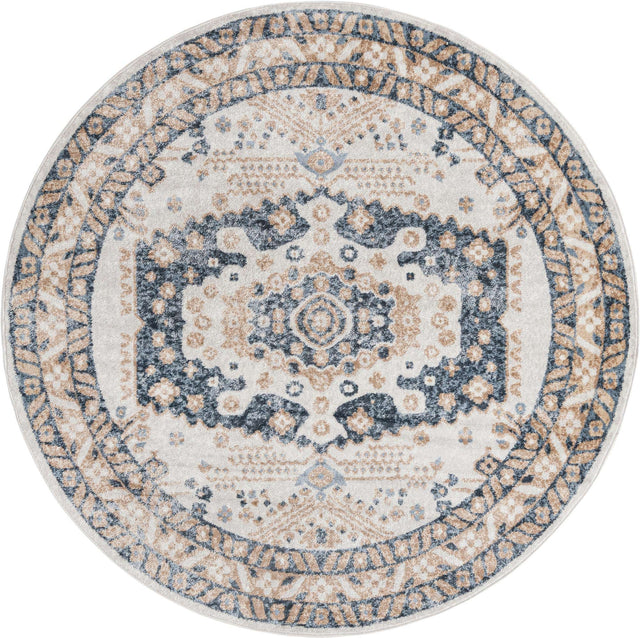 Cream 7' x 7' Oxford Round Area Rug Traditional Design 100% Polypropylene Carpet for Living Room, Bedrooms, Dining, Office for Sale at Rug Engine