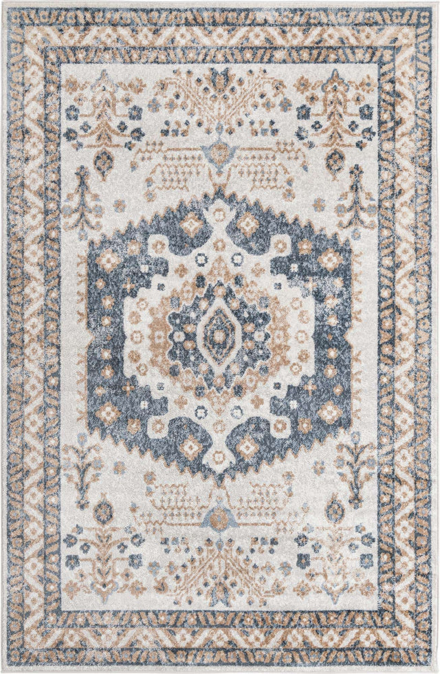 Cream 6' 1 x 9' Oxford Rectangle Area Rug Traditional Design 100% Polypropylene Carpet for Living Room, Bedrooms, Dining, Office for Sale at Rug Engine