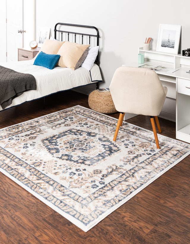 Cream 7' 10 x 7' 10 Oxford Square Area Rug Traditional Design 100% Polypropylene Carpet for Living Room, Bedrooms, Dining, Office for Sale at Rug Engine