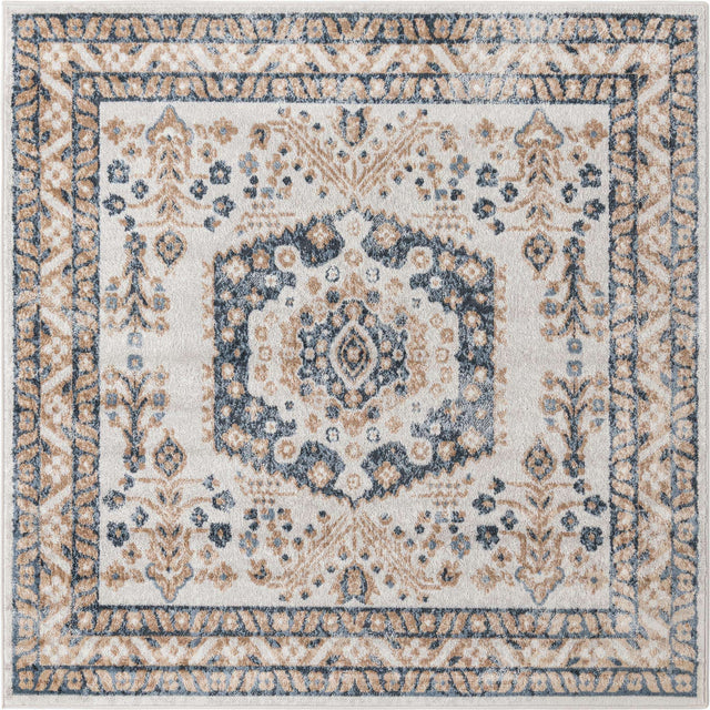 Cream 6' x 6' Oxford Square Area Rug Traditional Design 100% Polypropylene Carpet for Living Room, Bedrooms, Dining, Office for Sale at Rug Engine