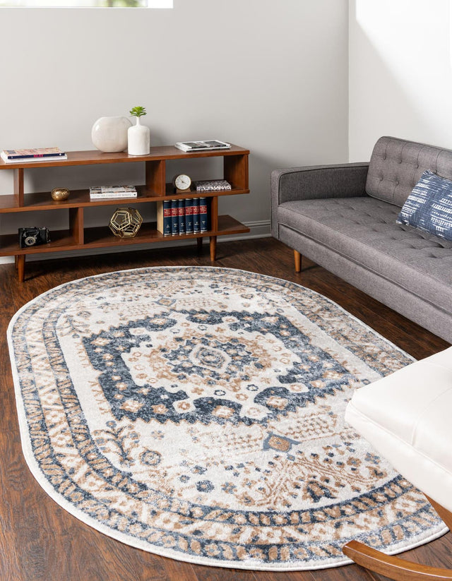 Cream 4' x 6' Oxford Oval Area Rug Traditional Design 100% Polypropylene Carpet for Living Room, Bedrooms, Dining, Office for Sale at Rug Engine