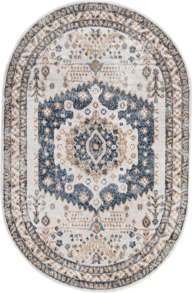 Cream 5' 1 x 8' Oxford Oval Area Rug Traditional Design 100% Polypropylene Carpet for Living Room, Bedrooms, Dining, Office for Sale at Rug Engine