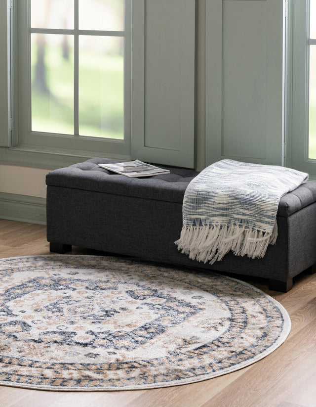 Cream 7' x 7' Oxford Round Area Rug Traditional Design 100% Polypropylene Carpet for Living Room, Bedrooms, Dining, Office for Sale at Rug Engine