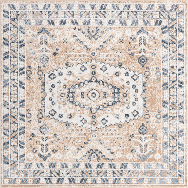 Beige 7' 10 x 7' 10 Oxford Square Area Rug Traditional Design 100% Polypropylene Carpet for Living Room, Bedrooms, Dining, Office for Sale at Rug Engine