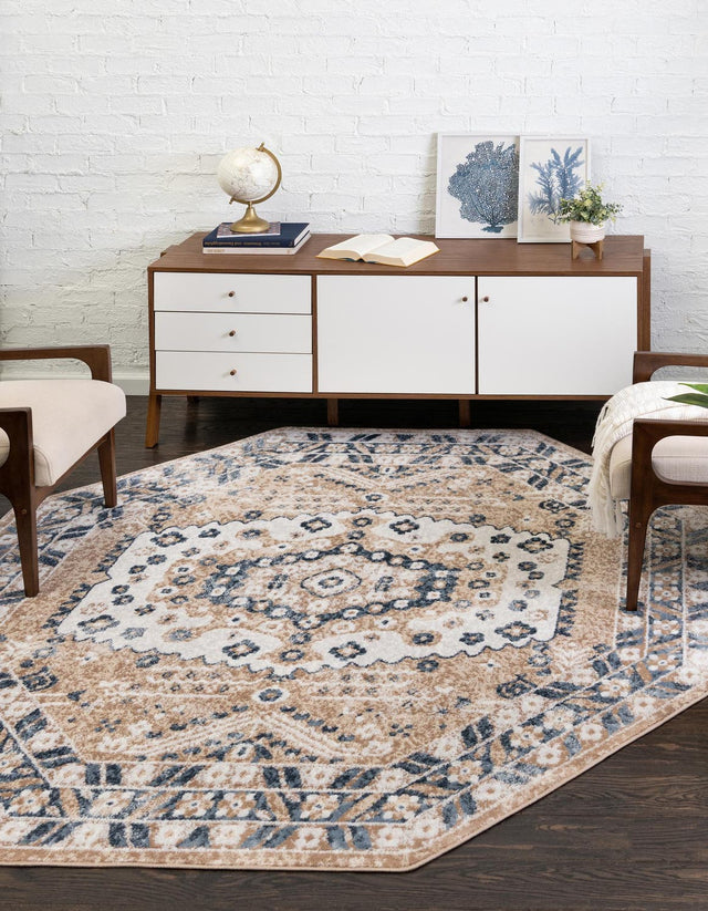 Beige 7' 1 x 7' 1 Oxford Octagon Area Rug Traditional Design 100% Polypropylene Carpet for Living Room, Bedrooms, Dining, Office for Sale at Rug Engine