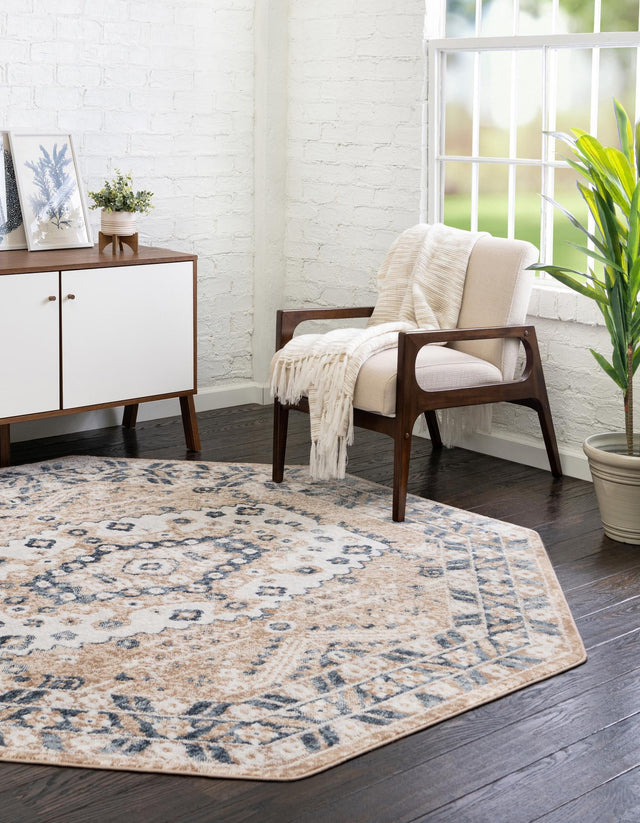 Beige 7' 1 x 7' 1 Oxford Octagon Area Rug Traditional Design 100% Polypropylene Carpet for Living Room, Bedrooms, Dining, Office for Sale at Rug Engine