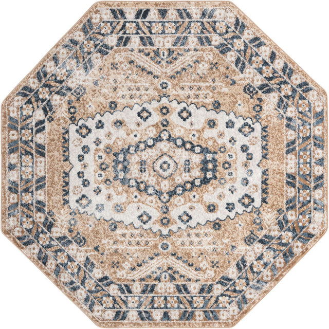 Beige 7' 1 x 7' 1 Oxford Octagon Area Rug Traditional Design 100% Polypropylene Carpet for Living Room, Bedrooms, Dining, Office for Sale at Rug Engine