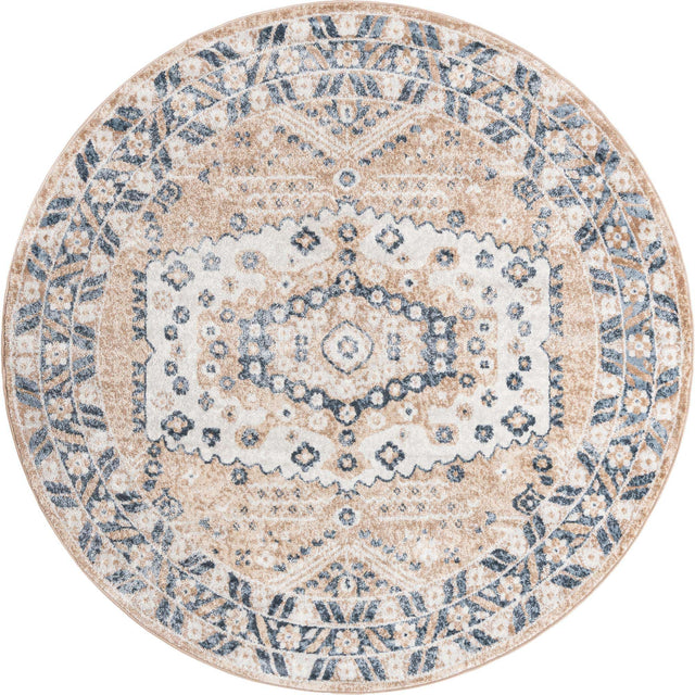 Beige 7' x 7' Oxford Round Area Rug Traditional Design 100% Polypropylene Carpet for Living Room, Bedrooms, Dining, Office for Sale at Rug Engine