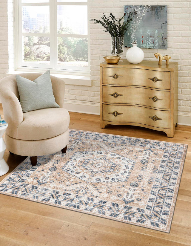 Beige 6' x 6' Oxford Square Area Rug Traditional Design 100% Polypropylene Carpet for Living Room, Bedrooms, Dining, Office for Sale at Rug Engine