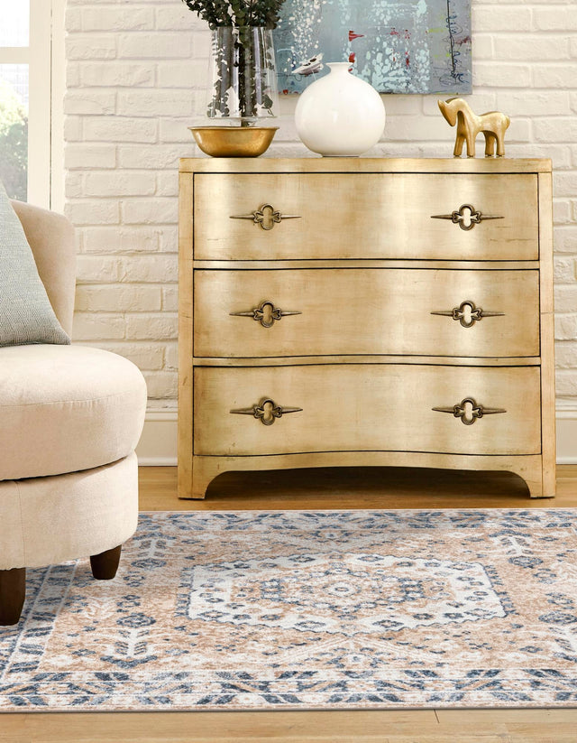 Beige 7' 10 x 7' 10 Oxford Square Area Rug Traditional Design 100% Polypropylene Carpet for Living Room, Bedrooms, Dining, Office for Sale at Rug Engine