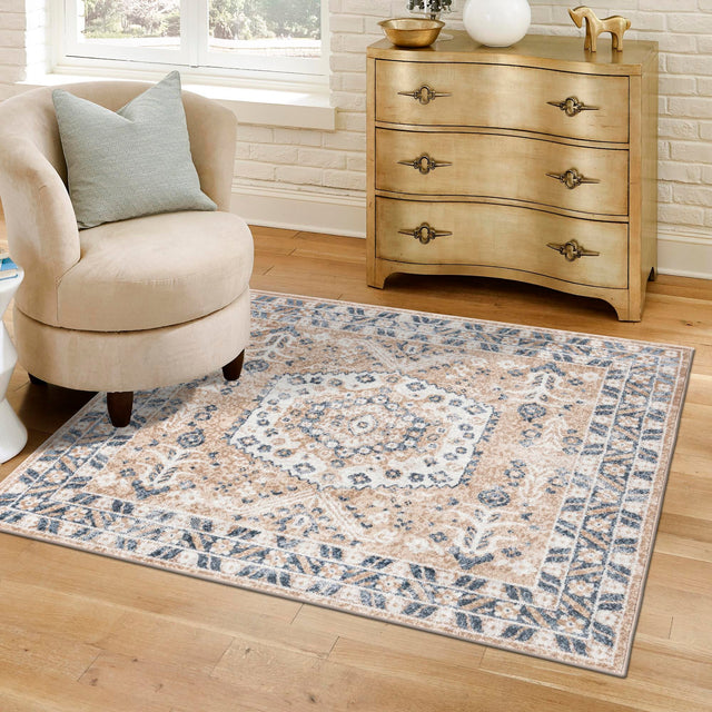 Beige 6' x 6' Oxford Square Area Rug Traditional Design 100% Polypropylene Carpet for Living Room, Bedrooms, Dining, Office for Sale at Rug Engine