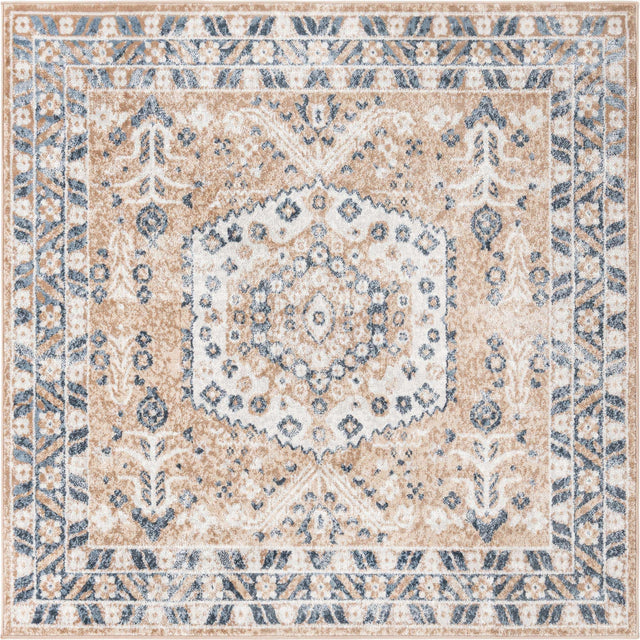 Beige 6' x 6' Oxford Square Area Rug Traditional Design 100% Polypropylene Carpet for Living Room, Bedrooms, Dining, Office for Sale at Rug Engine