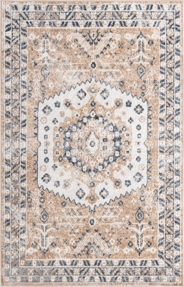 Beige 5' 3 x 8' Oxford Rectangle Area Rug Traditional Design 100% Polypropylene Carpet for Living Room, Bedrooms, Dining, Office for Sale at Rug Engine