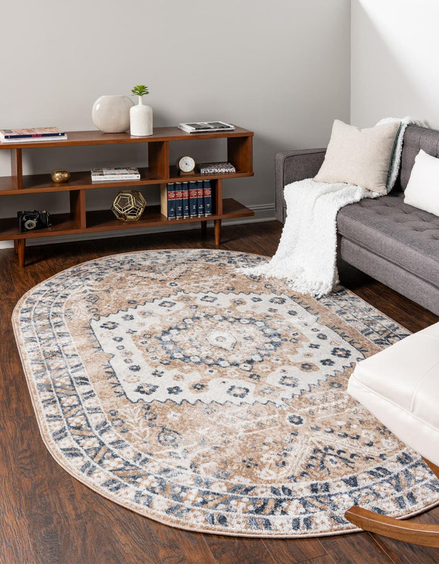 Beige 8' x 10' Oxford Oval Area Rug Traditional Design 100% Polypropylene Carpet for Living Room, Bedrooms, Dining, Office for Sale at Rug Engine