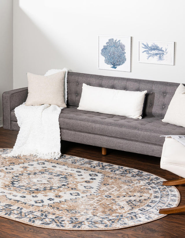 Beige 4' 1 x 6' 1 Oxford Oval Area Rug Traditional Design 100% Polypropylene Carpet for Living Room, Bedrooms, Dining, Office for Sale at Rug Engine