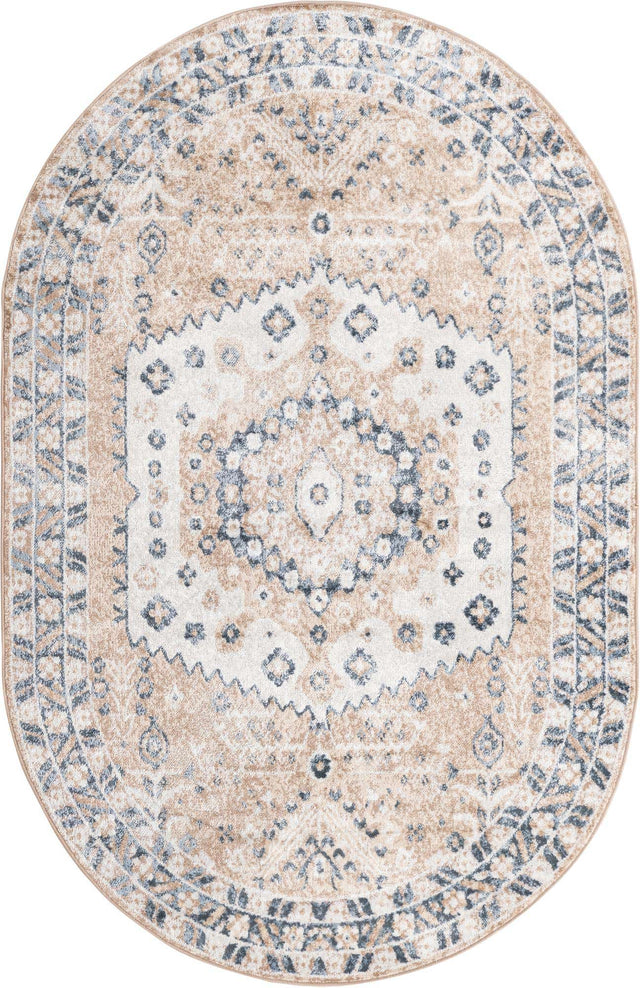 Beige 5' x 8' Oxford Oval Area Rug Traditional Design 100% Polypropylene Carpet for Living Room, Bedrooms, Dining, Office for Sale at Rug Engine