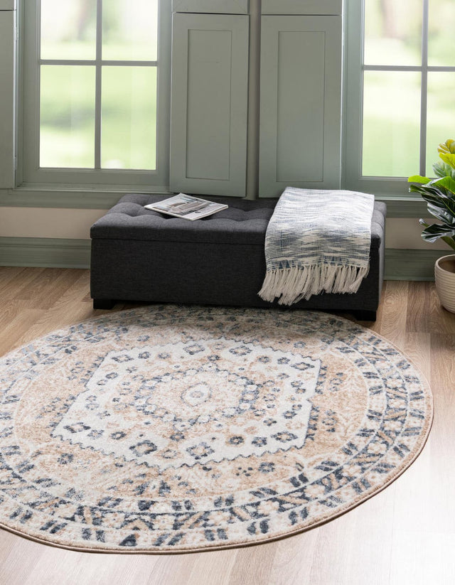 Beige 7' x 7' Oxford Round Area Rug Traditional Design 100% Polypropylene Carpet for Living Room, Bedrooms, Dining, Office for Sale at Rug Engine