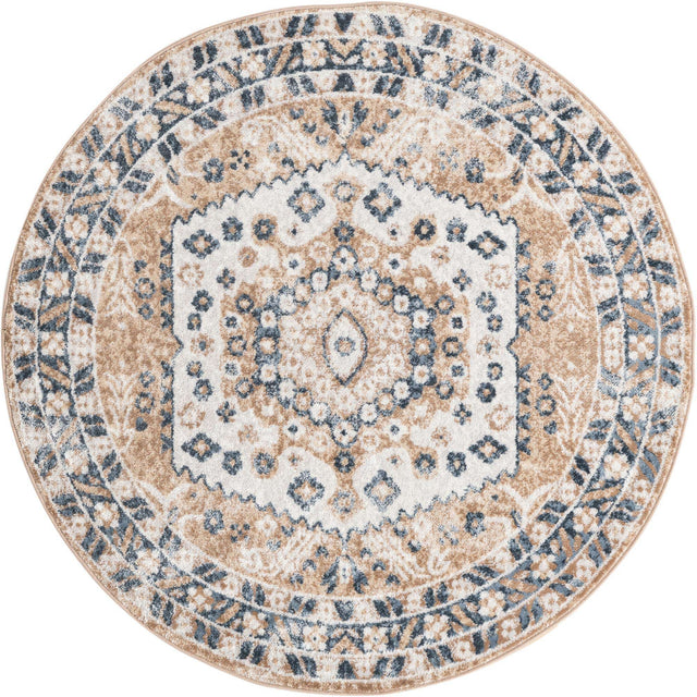 Beige 5' x 5' Oxford Round Area Rug Traditional Design 100% Polypropylene Carpet for Living Room, Bedrooms, Dining, Office for Sale at Rug Engine