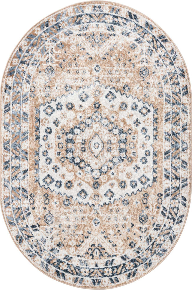 Beige 4' 1 x 6' 1 Oxford Oval Area Rug Traditional Design 100% Polypropylene Carpet for Living Room, Bedrooms, Dining, Office for Sale at Rug Engine