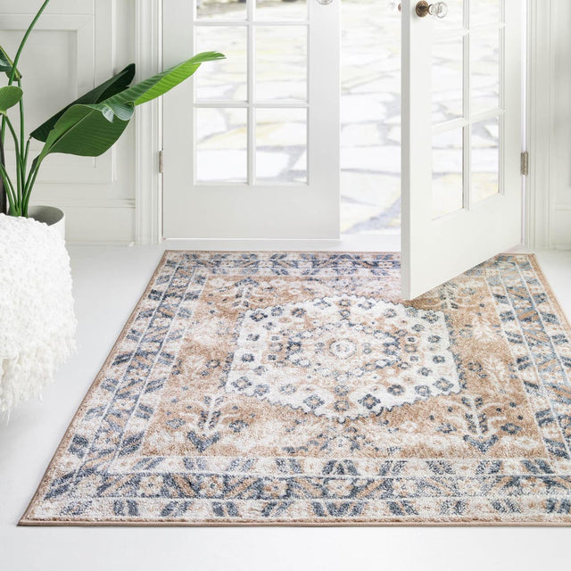 Beige 4' 1 x 4' 1 Oxford Square Area Rug Traditional Design 100% Polypropylene Carpet for Living Room, Bedrooms, Dining, Office for Sale at Rug Engine