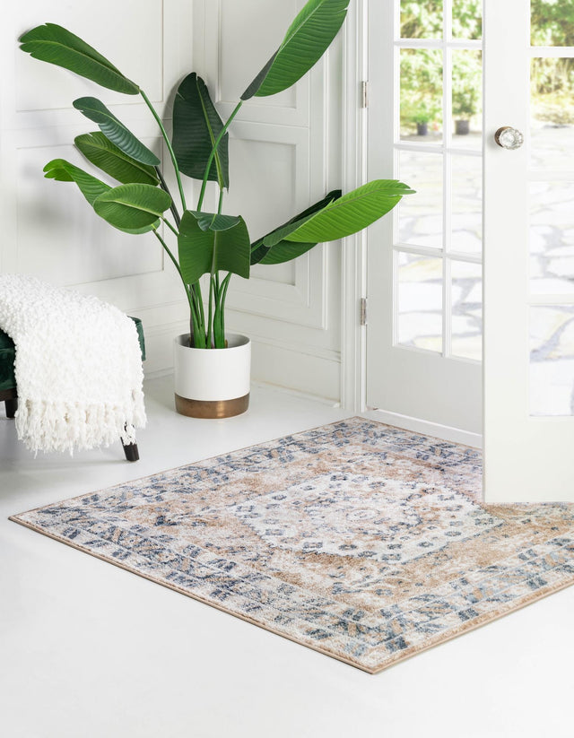 Beige 6' x 6' Oxford Square Area Rug Traditional Design 100% Polypropylene Carpet for Living Room, Bedrooms, Dining, Office for Sale at Rug Engine