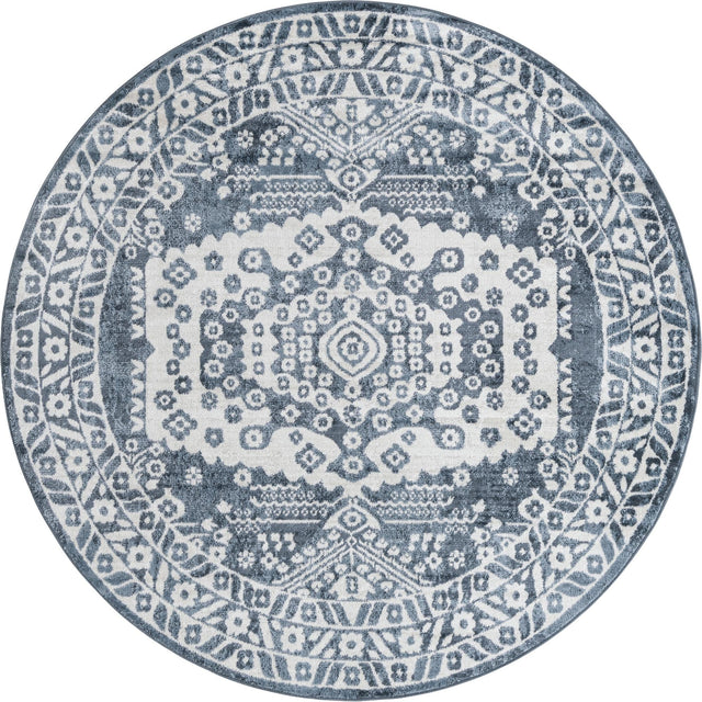 Blue 7' x 7' Oxford Round Area Rug Traditional Design 100% Polypropylene Carpet for Living Room, Bedrooms, Dining, Office for Sale at Rug Engine