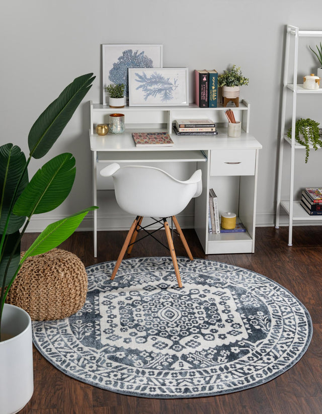 Blue 7' x 7' Oxford Round Area Rug Traditional Design 100% Polypropylene Carpet for Living Room, Bedrooms, Dining, Office for Sale at Rug Engine
